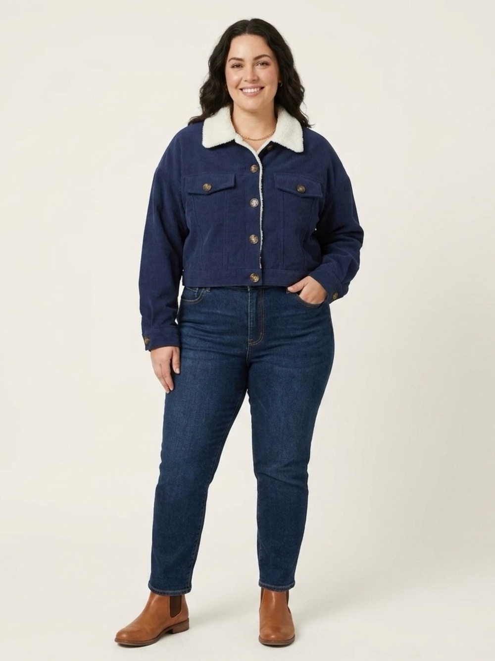 Cropped navy blue corduroy jacket featuring a plush white sherpa collar. XXL New